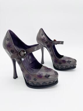 Prada Gray Leather Floral Applique Mary Jane Retro Chunky Platform Heels IT 40
